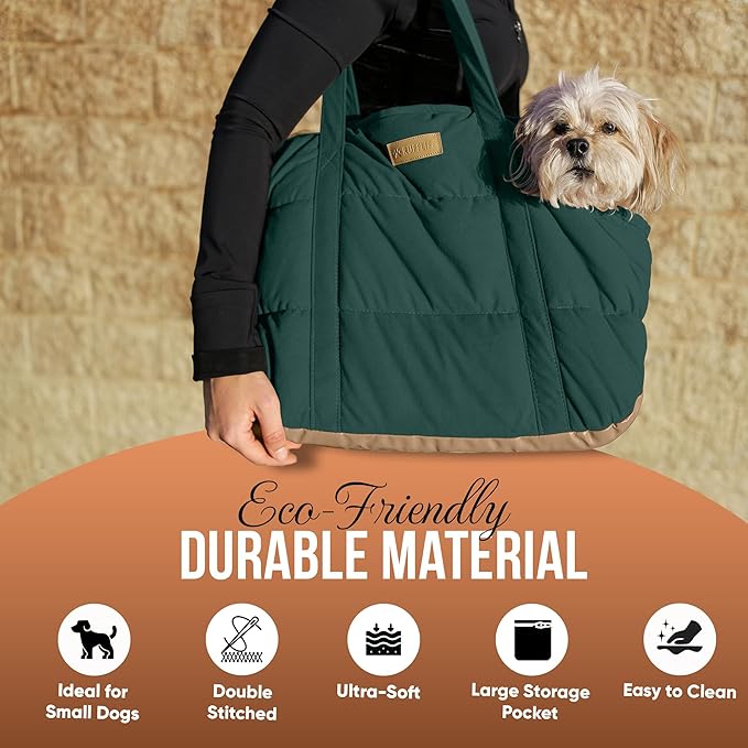 RuffLife Cozy Plush Pet Carrier Purse - Secure Harness Clip, Lightweight Tote Design for Small Dogs and Puppies (Green)