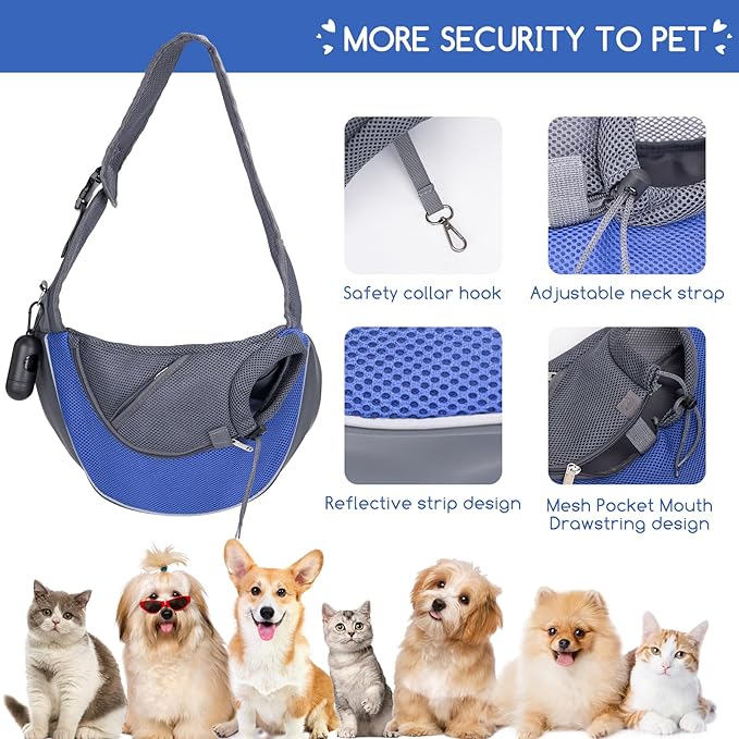 Nobleza Dog Sling Carrier, Mesh Adjustable Pet Sling Puppy Sling Carrier for Small Medium Dog Cat Rabbit (L (up to 10 lbs), Gray Blue)