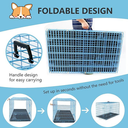 FDW Extra Large Dog Crate Dog Kennel Cage with Double Door,48 inch Folding Metal Wire Dog Cage with Removable Tray&Divider Panel,Pet Crate for Large Dogs,Blue