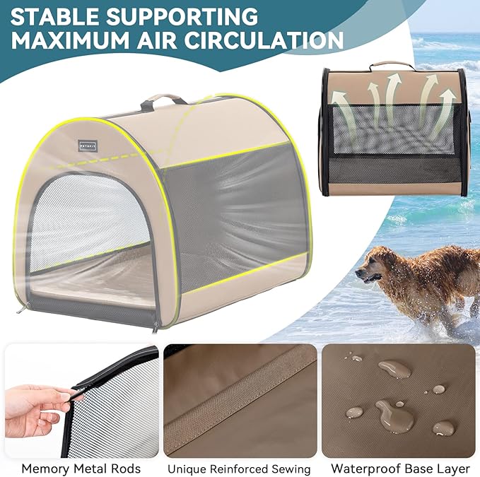 PETSFIT Soft Dog Crate, Dog Travel Crate - 26.5 Inch Lightweight, Roomy, Easy to Set Up, Portable Pop Up Dog Carrier with Thick Mat, Sturdy Soft Sided Dog Crate, Khaki