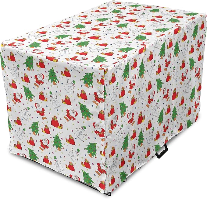 Ambesonne Christmas Dog Crate Cover, Xmas Santa Claus Tree on Colorful Polka Dot Backdrop Surprise Boxes Art, Easy to Use Pet Kennel Cover for Small Dogs Puppies Kittens, 22 Inch, Green and Red