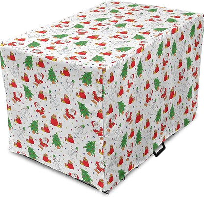 Ambesonne Christmas Dog Crate Cover, Xmas Santa Claus Tree on Colorful Polka Dot Backdrop Surprise Boxes Art, Easy to Use Pet Kennel Cover for Small Dogs Puppies Kittens, 22 Inch, Green and Red