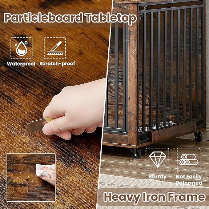 Rovibek Dog Crate Furniture for Large Dogs, 38.58 Inch, Large Dog Kennel Indoor with 2 Removable Dog Bowls, Flip-Up Top Opening and Wheels, Medium Dog Crate, Brown