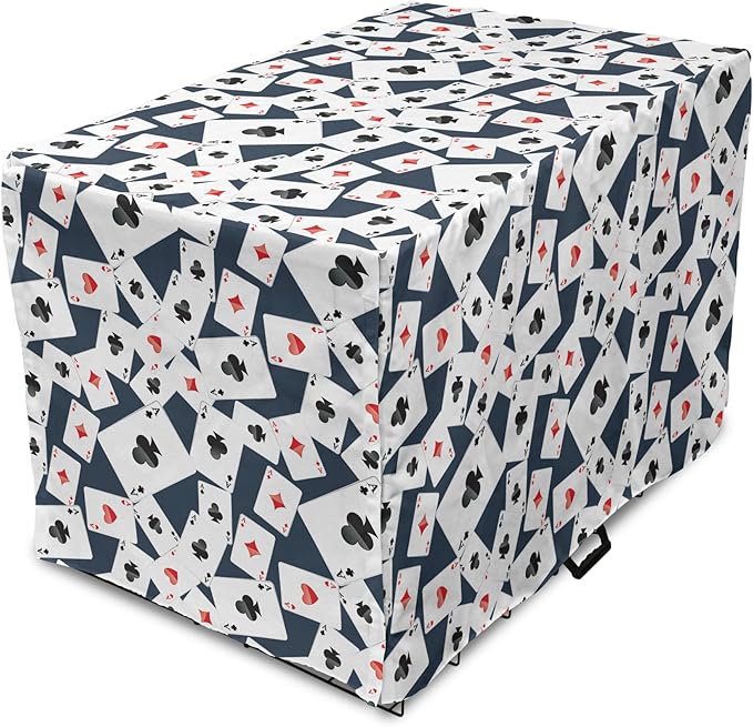Lunarable Casino Dog Crate Cover, Realistic Style Random Scattered Playing Cards Leisure Time Hobby Games, Easy to Use Pet Kennel Cover for Medium Large Dogs, 48 Inch, Cadet Blue Black Red