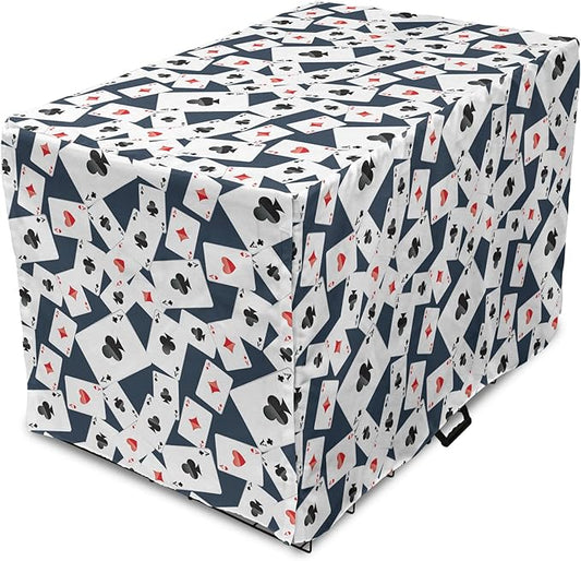 Lunarable Casino Dog Crate Cover, Realistic Style Random Scattered Playing Cards Leisure Time Hobby Games, Easy to Use Pet Kennel Cover for Cats & Medium Dogs, 30 Inch, Cadet Blue Black Red