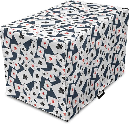 Lunarable Casino Dog Crate Cover, Realistic Style Random Scattered Playing Cards Leisure Time Hobby Games, Easy to Use Pet Kennel Cover for Small Dogs Puppies Kittens, 22 Inch, Cadet Blue Black Red