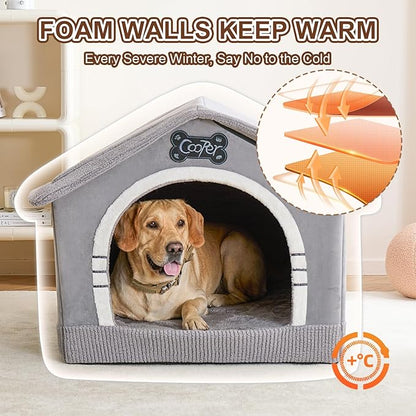 Jiupety Indoor Dog House with Frame, Large Dog Cave Bed, Insulated Cozy, Suitable for 50-90 lb, Jumbo (38"×30"×28"), Gray