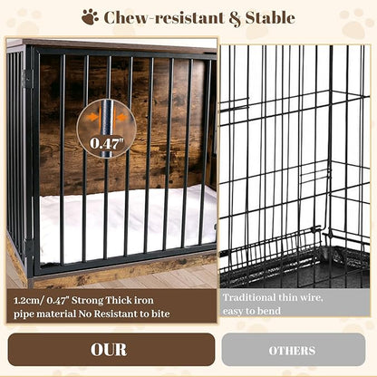 Dog Crate Furniture for Large Dogs, 36" Indoor Wooden Dog Kennel with 270° Swivel Door, 360° Rotating Feeder, Decorative Heavy Duty Dog House with Double Locks & Bowls, Rustic Brown