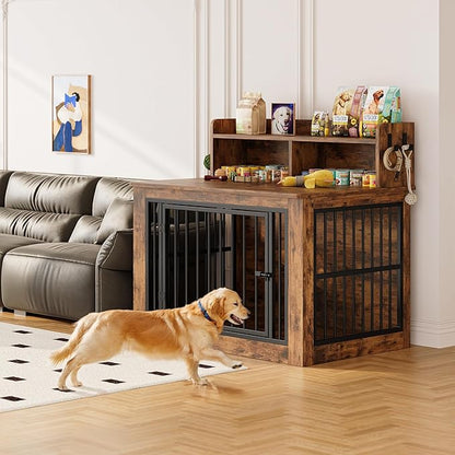 IRONCK Dog Crate Furniture, 43.3 inches Wooden Large Dog Crate with Storage and 4 Hooks, Heavy Duty Pet Crate for Large Dog, Decorative Pet Cage for Indoor (30" L x 43.3" W x 41.1" H)