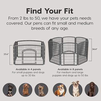 IRIS USA Dog Playpen, 8-Panel 34" Pet Playpen with Door, Puppy Playpen, Indoor/Outdoor Dog Pen, 63 x 63 x 34, Foldable, Customizable, Chrome