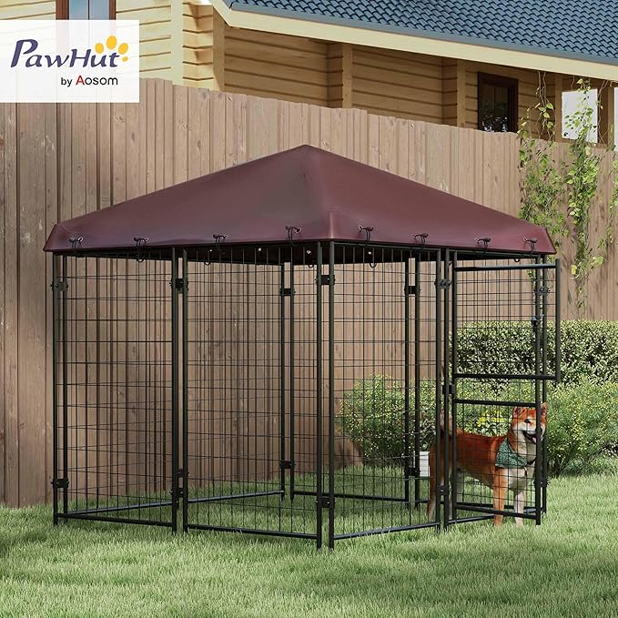 PawHut 4.6' x 5' Dog Kennel Outdoor with Waterproof Cover, Dog Playpen for Small and Medium-Sized Dogs with Two Part Door Design, Brown