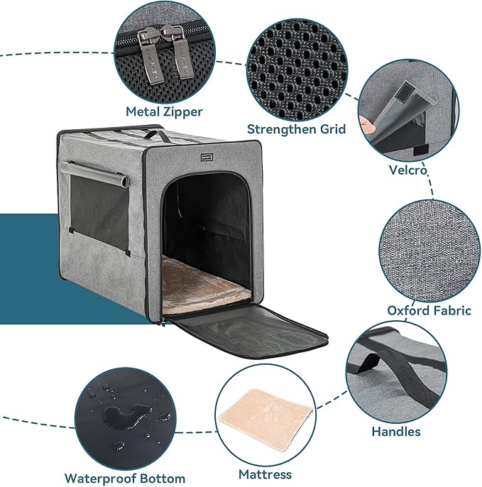 PETSFIT Dog Travel Crate, Soft Dog Crate - 31 Inch with Thicken Mat, Easy to Fold, Sturdy and Portable, Perfect for Traveling, Soft Sided Dog Crate Grey