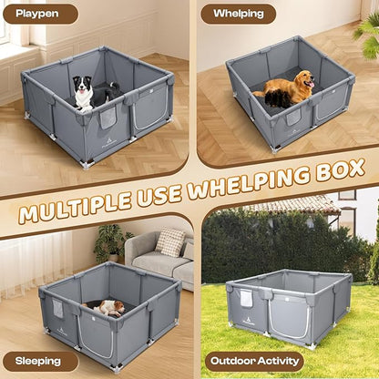Whelping Box for Dogs and Puppies 47"x47"x24" - Tear-Resistant Oxford Fabric Dog Playpen with Suction Cups & 5-Piece Puppy Care Kit for Medium/Large Breed Dogs