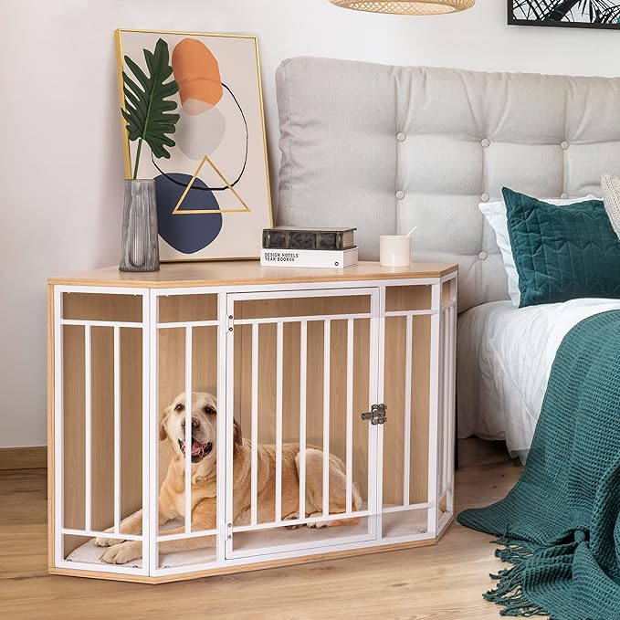 MEWOO Corner Dog Crate Furniture with Cushion, Wooden Dog Kennel End Table, Doghouse, Pet Crate for Indoor Use, Dog Cages for Small Medium Dogs Indoor