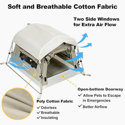 Dog Tent Cotton Fabric, Aluminum Poles and Camping Mat, Outdoor Weatherproof, Dog House Outdoor, Breathable with 2 Side Windows, Portable and Collapsible (Gray, Small)