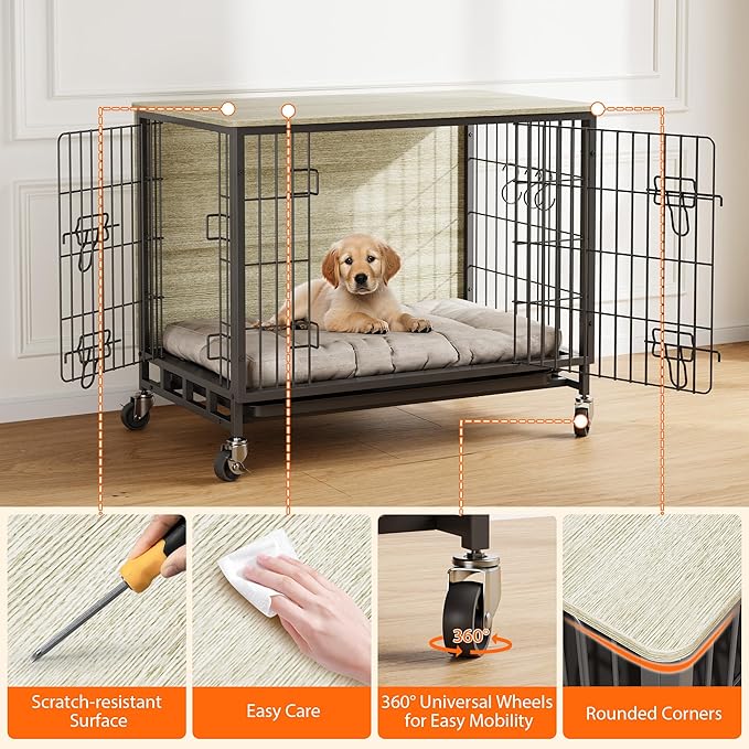Dog Crate Furniture, 27.2" Modern Double-Door Dog House with Pull-Out Tray, Heavy-Duty Wooden Kennel & Removable Wheels, Side Table for Small Dog Sizes, Rustic Gray