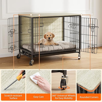 2024 Dog Crate Furniture, 38.6" Double-Doors Dogs Kennel Indoor with Removable Tray and Wheels, Wooden Dog Crates for Large Dogs, Large Dog Crate, Decorative Dog Cage End Table, Rustic Gray