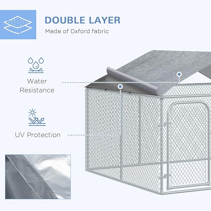 PawHut Large Dog Kennel Outside, Heavy Duty Dog Cage with Waterproof Cover, Outdoor Fence Dog Run with Galvanized Chain Link, Secure Lock, 7.5' x 7.5' x 5.6'