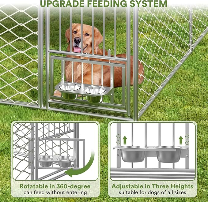 10x10 ft Dog Kennel Outdoor - Outside Dog Kennel with Roof, Large Outdoor Kennel with Rotating Feeder Bowls, Covered Dog Run Kennel for Large Dogs