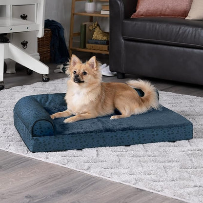 Furhaven Memory Foam Dog Bed for Medium/Small Dogs w/ Removable Bolsters & Washable Cover, For Dogs Up to 35 lbs - Plush & Almond Print L Shaped Chaise - Blue Almonds, Medium