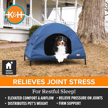K&H Pet Products Pet Cot House for Large Dogs, Outdoor Elevated Dog Cot House, Enclosed Canopy, Window Flaps for Air Flow, Washable Cover, Raised Metal Frame, Collapsible - Large 42 X 30in Blue