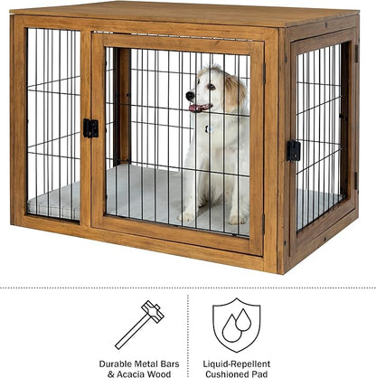 Furniture-Style Dog Crate - Acacia Wood Kennel for Large Dogs with Double Doors and Cushion - Dog Kennel Furniture by PETMAKER (Natural)