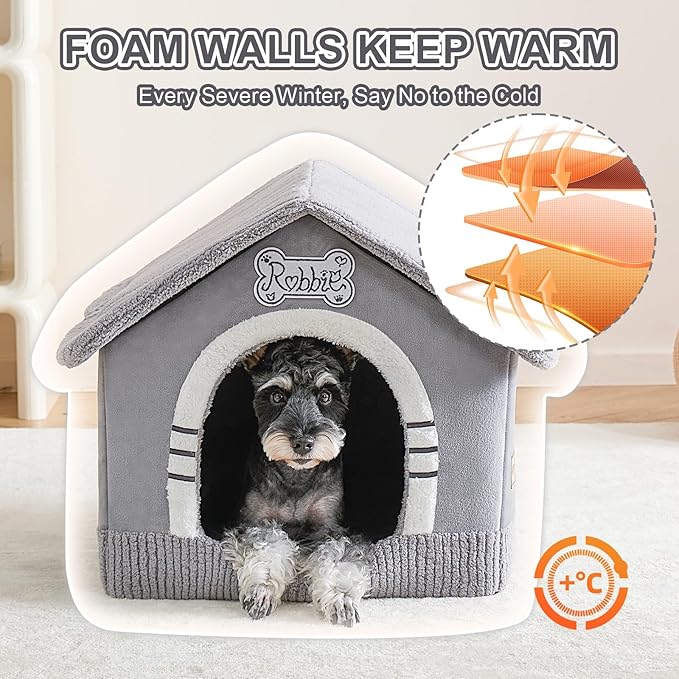 Jiupety Indoor Dog House with Frame, Large Dog Cave Bed, Insulated Cozy, Suitable for 15-30 lb, Large (20"×18"×18"), Gray
