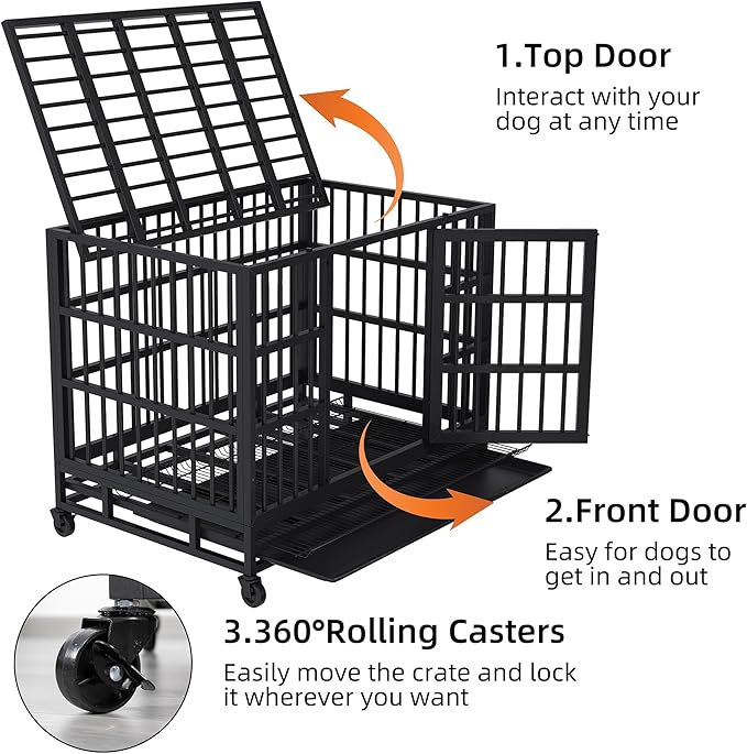 Shintenchi 48 inch Heavy Duty Crates for Large Dog, Indestructible and Escape-Proof Cage Kennel with Lockable Wheels, Double Door High Anxiety with Removable Tray, Black