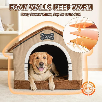 Jiupety Indoor Dog House with Frame, Large Dog Cave Bed, Insulated Cozy, Suitable for 50-90 lb, Jumbo (38"×30"×28"), Brown