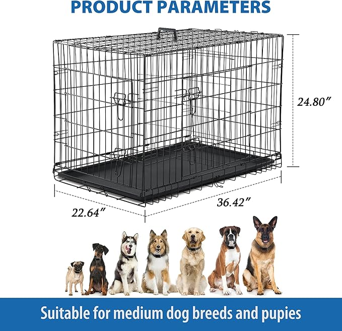 Furniture of America Yucca Metal Double Door Folding Wire Pet Crate with Divider, Removable Tray, and Handle for Outdoor and Indoor Medium Dog, 36-inch, Black