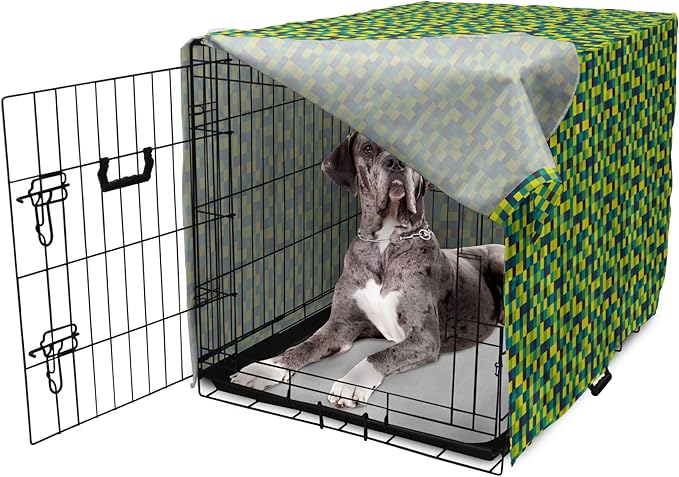 Lunarable Yellow and Blue Dog Crate Cover, Vivid Colored Squares Funky Simple Retro Style Grid Tile, Easy to Use Pet Kennel Cover for Medium Large Dogs, 48 Inch, Petrol Blue Lime Green