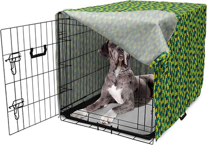Lunarable Yellow and Blue Dog Crate Cover, Vivid Colored Squares Funky Simple Retro Style Grid Tile, Easy to Use Pet Kennel Cover for Medium Large Dogs, 48 Inch, Petrol Blue Lime Green