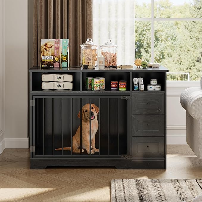 Dog Crate Furniture for Small Dogs, Wooden Dog Kennel Indoor with Storage Shelves, 3 Drawers & Hidden Bowl, Modern Pet Cage Side End Table, up to 120 lb, 48" L, Steel Lock, Black