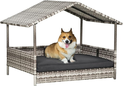PawHut Wicker Dog House Outdoor with Canopy, Rattan Dog Bed with Water-Resistant Cushion, Raised Dog Bed for Small, Medium Dogs up to 66 lbs, 19.75" in Length, Gradient Gray Wicker & Cushion