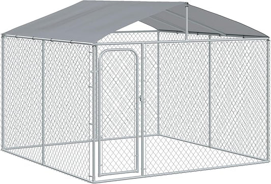 PawHut Large Dog Kennel Outside, Heavy Duty Dog Cage with Waterproof Cover, Outdoor Fence Dog Run with Galvanized Chain Link, Secure Lock, 9.8' x 9.8' x 7.7'
