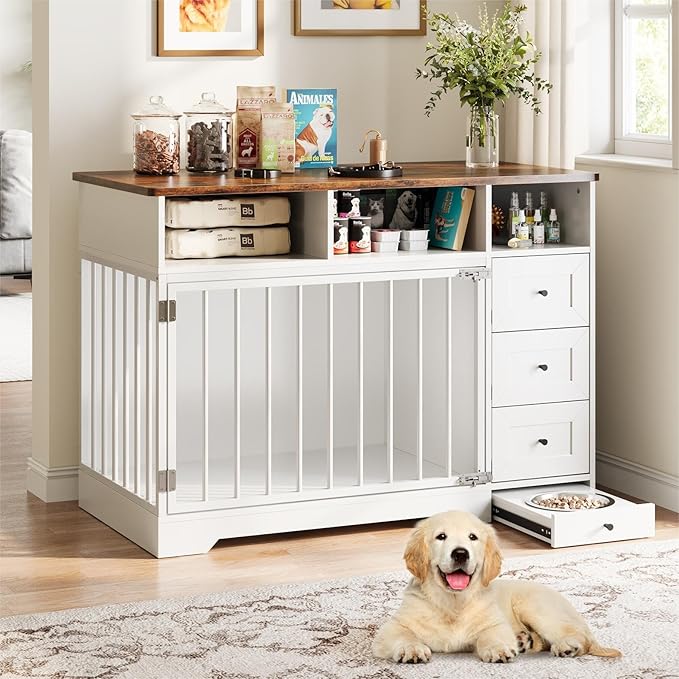 Dog Crate Furniture for Small Dogs, Wooden Dog Kennel Indoor with Storage Shelves, 3 Drawers & Hidden Bowl, Modern Pet Cage Side End Table, up to 120 lb, 48" L, Steel Lock, White