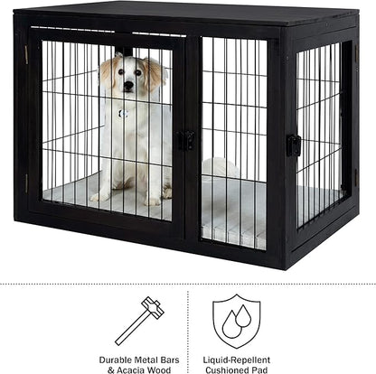 Furniture-Style Dog Crate - Acacia Wood Kennel for Large Dogs with Double Doors and Cushion - Dog Kennel Furniture by PETMAKER (Black)