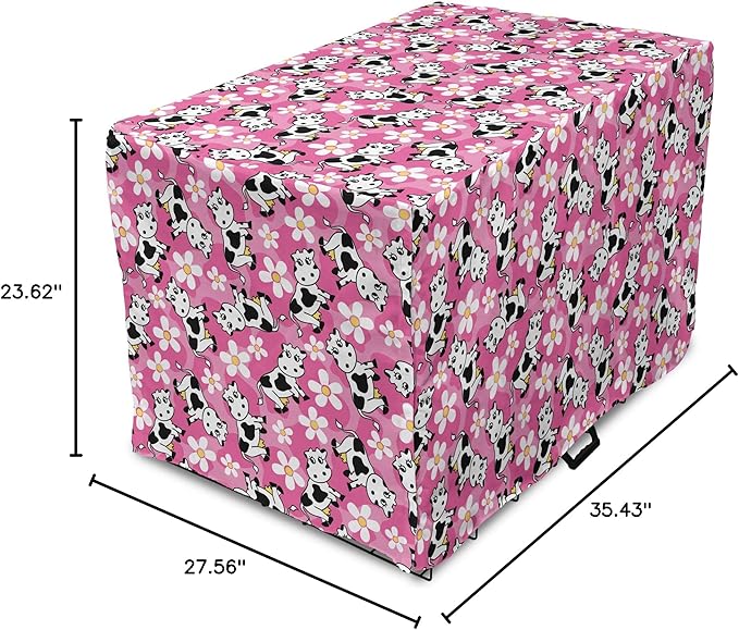 Lunarable Cow Dog Crate Cover, Cartoon Pattern Domestic Farm Animal and Daisy Flowers, Easy to Use Pet Kennel Cover for Medium Large Dogs, 36 Inch, Pink Charcoal Grey