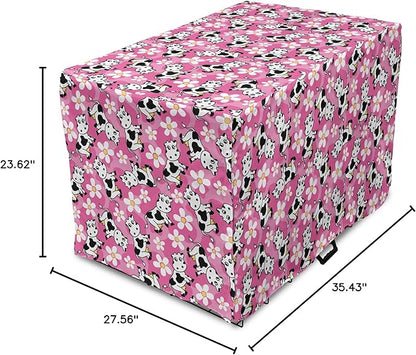 Lunarable Cow Dog Crate Cover, Cartoon Pattern Domestic Farm Animal and Daisy Flowers, Easy to Use Pet Kennel Cover for Medium Large Dogs, 36 Inch, Pink Charcoal Grey