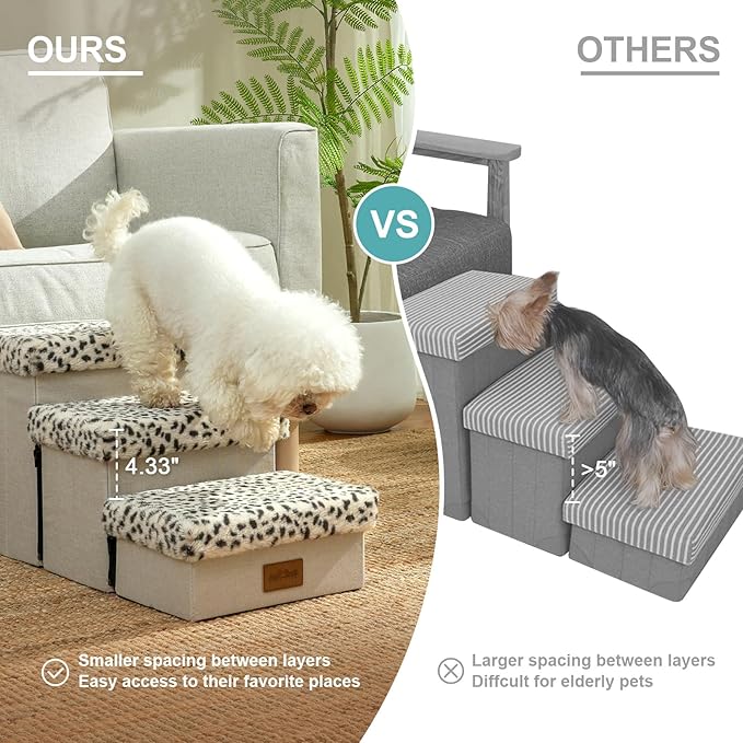 Dog Stair for Small Dogs with Storage, 13.6" H Foldable Pet Step with Soft Leakproof Cover, Older Cat Ramp for Chair Couch Sofa, Lightweight, Comfort, 24.8x13x13.6 inch, 3 Tiers, Leopard