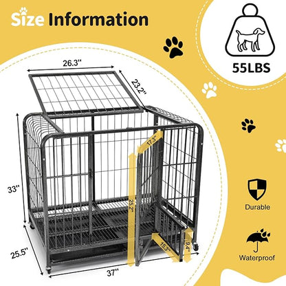 36 Inch Dog Cage for Medium Size Dogs, Heavy Duty Dog Crate with Removable Tray, Metal Dog Kennel Indoor Escape Proof, High Anxiety Crate with Double Doors, Lockable Wheels