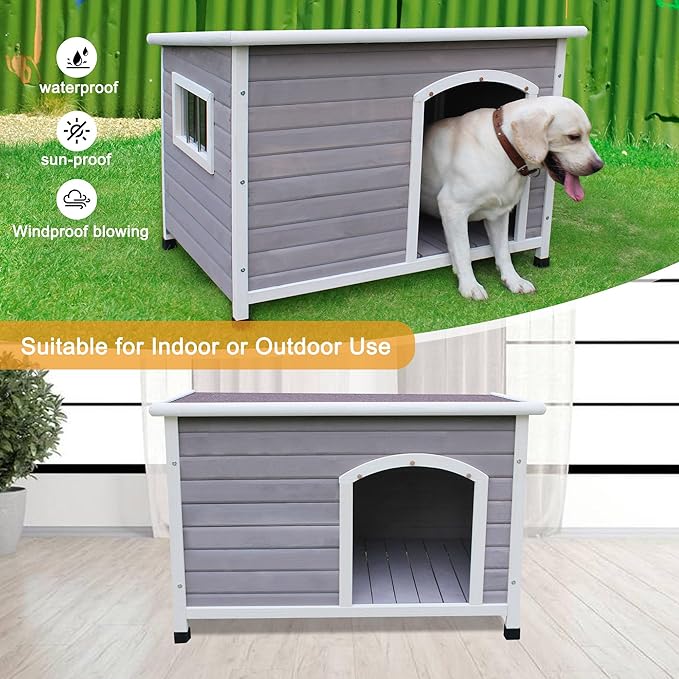 44" Wooden Large Dog Houses Outdoor Indoor, Waterproof Dog Houses Outside with Window Dog House for Small to Large Sized Dogs-Grey