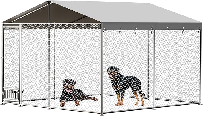 10x10x7 Ft Outdoor Dog Kennel, Heavy Duty Outside Dog Kennel with Waterproof and Anti-UV Roof Cover, Large Dog Enclosures with Feeder for Backyard