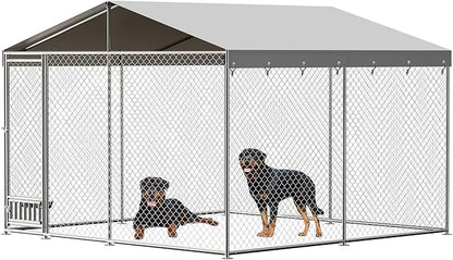 10x10x7 Ft Outdoor Dog Kennel, Heavy Duty Outside Dog Kennel with Waterproof and Anti-UV Roof Cover, Large Dog Enclosures with Feeder for Backyard