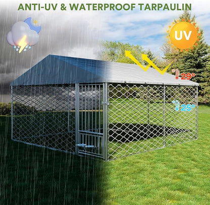 10x10 ft Dog Kennel Outdoor - Outside Dog Kennel with Roof, Heavy Duty Large Outdoor Dog Kennel, Covered Dog Outdoor Kennel with Rotating Feeder Bowls