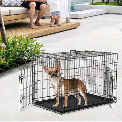 FDW 24 inch Dog Crate Dog Kennel Cage with Double Door Folding Metal Wire Dog Cage with Removable Tray&Divider Panel,Pet Crate for Small Dogs,Black