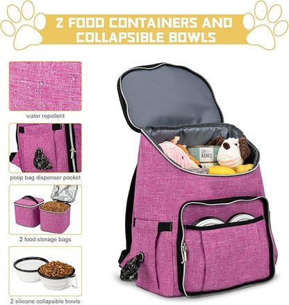 BAGLHER Travel Dog Backpack - Detachable Travel Dog Food Container for Pet Supplies Dog Gear Backpack,Dog Bag for Traveling with 2 Silicone Collapsible Bowls and 2 Food Baskets Pink