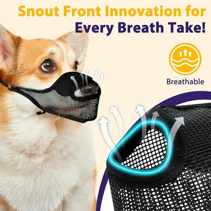 LUCKYPAW Dog Muzzle, Mesh Muzzle for Large Medium Small Dogs with Front Opening Design, Dog Mouth Cover to Prevent Biting, Licking, Chewing, Scavenging, Allows Drinking (S-Snout:7¾-8¾", Black)
