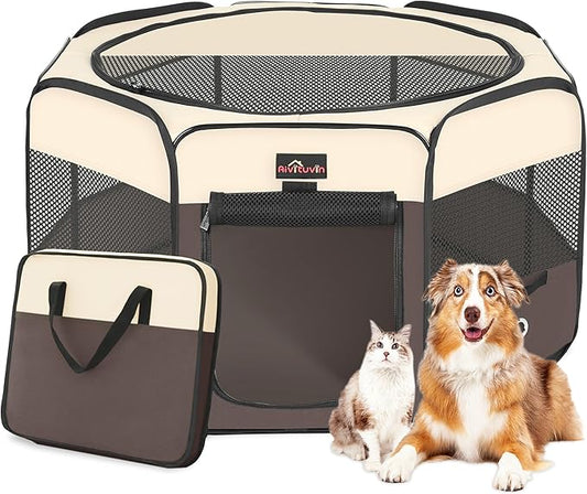 Aivituvin Dog Playpen, Foldable Pet Play Pens with Carrying Bag for Cat, Puppies, Rabbits, Portable Dog Tent Crates Cage for Travel Camping Indoor Outdoor, Removable Shade Cover, Brown L