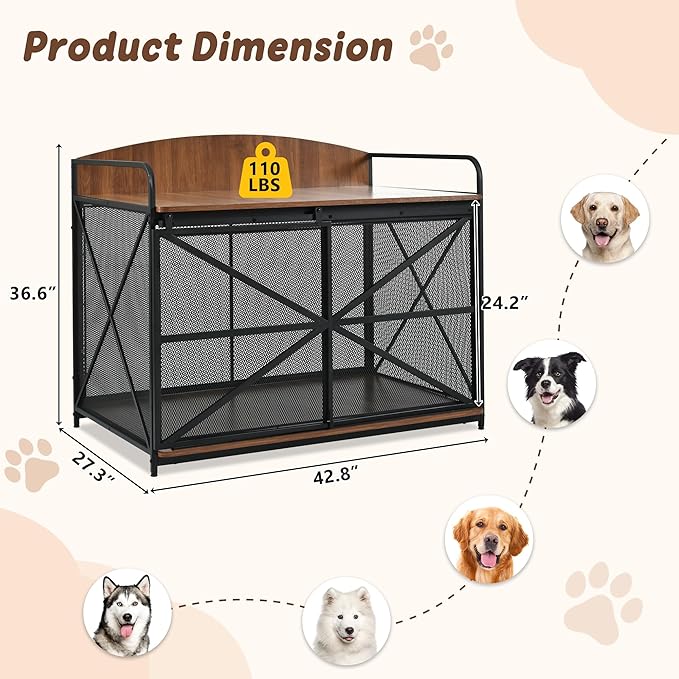 Merax 42.8" Heavy Duty Large Dog Crate Furniture for Large Medium Dog, Farmhouse Wooden Dog Kennel Indoor End Table, Decorative Pet House for Dogs, Brown